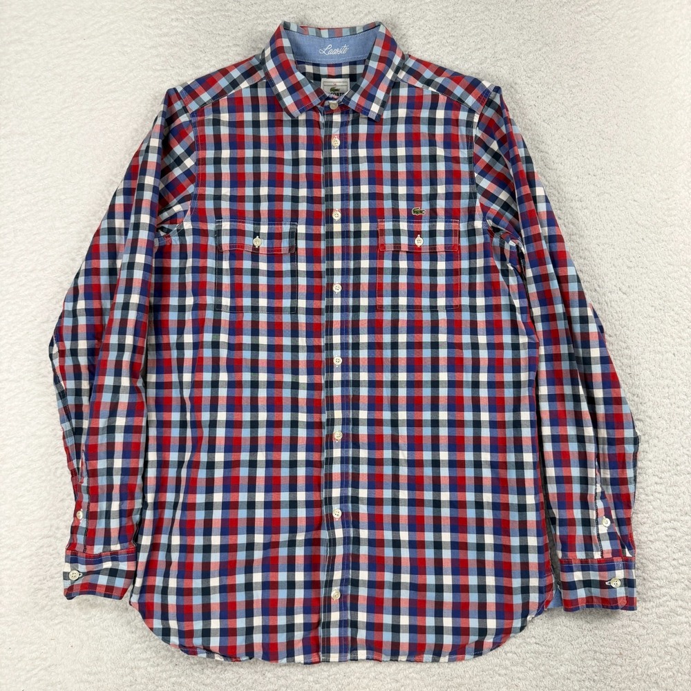 Lacoste Boys Button Up Red Blue Plaid Size 14 Premium Dress Shirt Long Sleeve